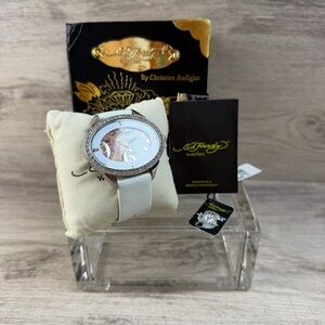 Ed Hardy Showgirl Women's Watch White Patent Leather Strap Silver Tone Crystals